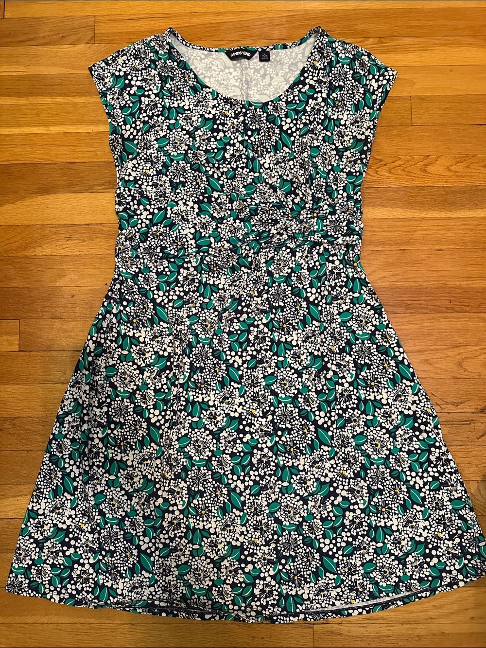 Lands End Navy and Teal Floral Women' Fit-and-Flare Dress